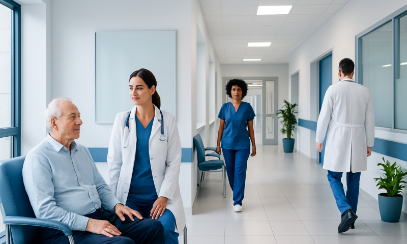 Healthcare professionals and patient in a hospital corridor.