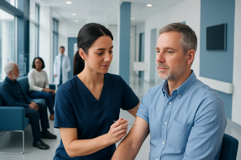 Pneumococcal Injection: How It Works, Results and What to Expect 1 Healthcare professional administering pneumococcal vaccine to patient in clinic.