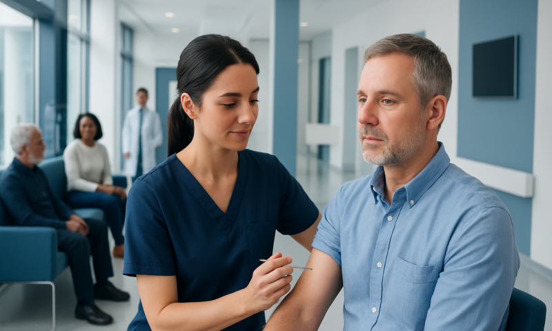 Healthcare professional administering pneumococcal vaccine to patient in clinic.