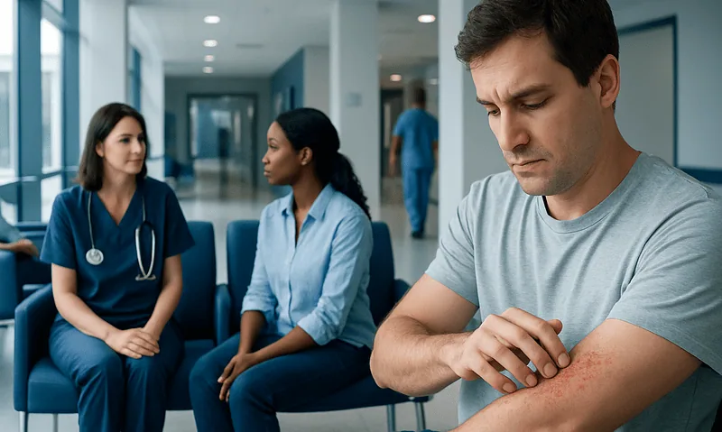 Patient with skin rash consulting healthcare professionals in hospital corridor.