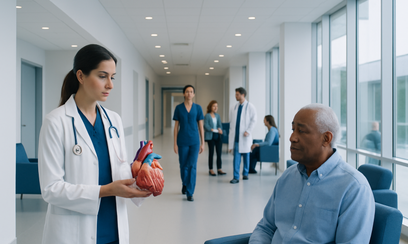 Doctor explaining heart health to patient in hospital corridor.