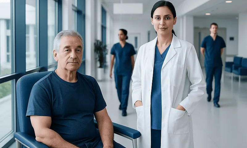 Patient with healthcare professional in modern hospital corridor.