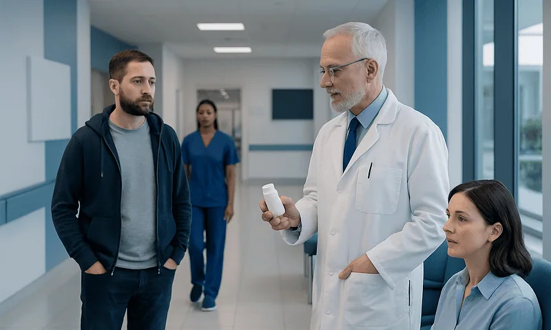 Doctor explaining medication to patients in hospital corridor.