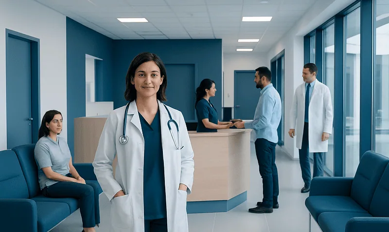 Healthcare professionals in a modern hospital waiting area in Turkey.