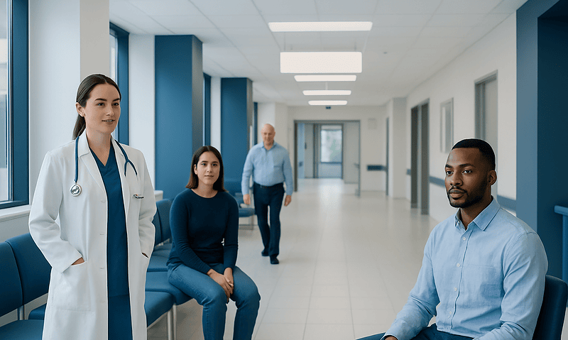 Medical consultation in hospital corridor with doctor and patients.