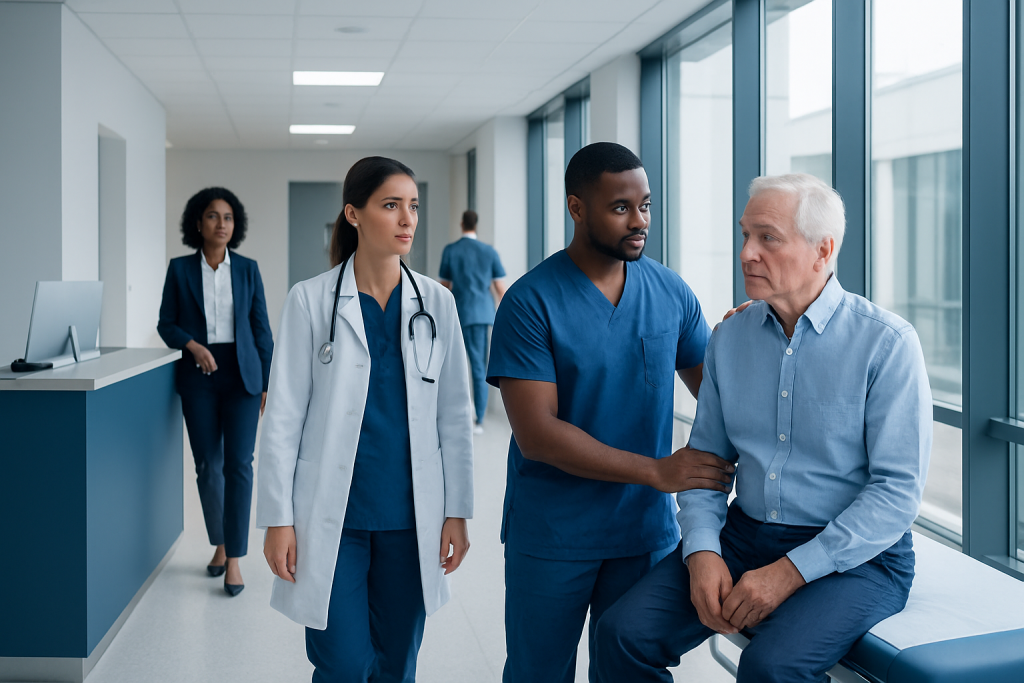 Prostate Exam Procedure: An Evidence-Based Patient Guide 1 Medical team discussing patient care in hospital corridor.