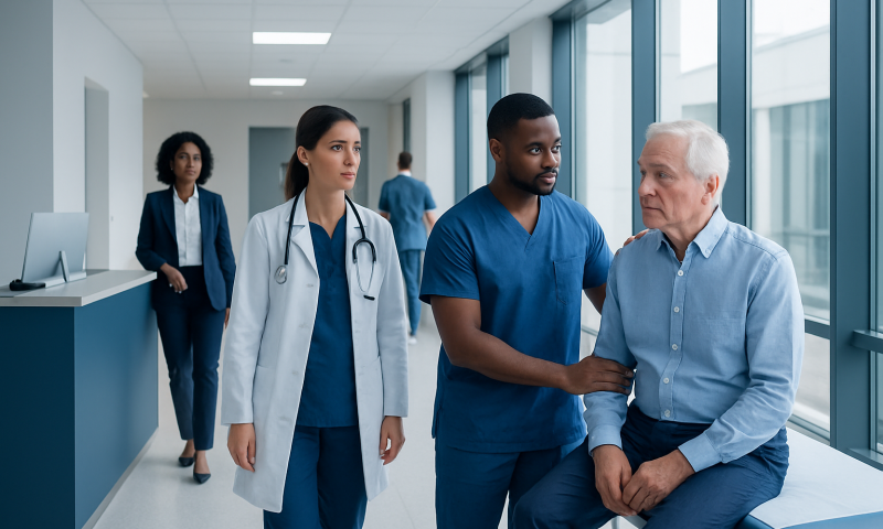Medical team discussing patient care in hospital corridor.