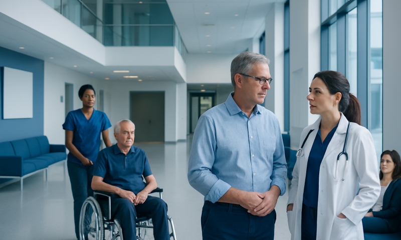 Hospital staff and patients in a modern medical facility corridor.