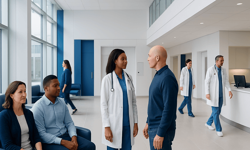 Medical professionals and staff in a modern hospital lobby.