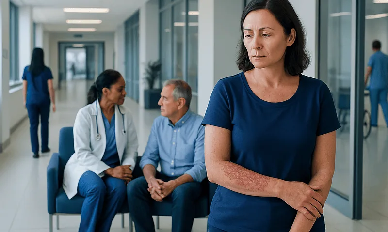 Woman with psoriatic skin rash in a hospital corridor.