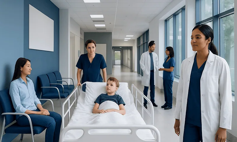 Hospital corridor with medical staff and a young patient in bed.