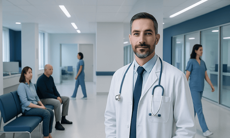 Pulmonary specialist in a hospital with patients and staff in the background.