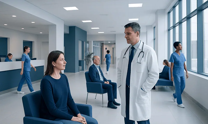 Doctor consulting a patient in a modern hospital corridor.