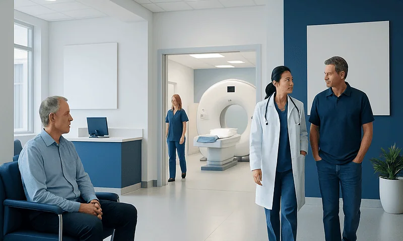 Medical professionals preparing for a PET scan in a modern hospital setting.