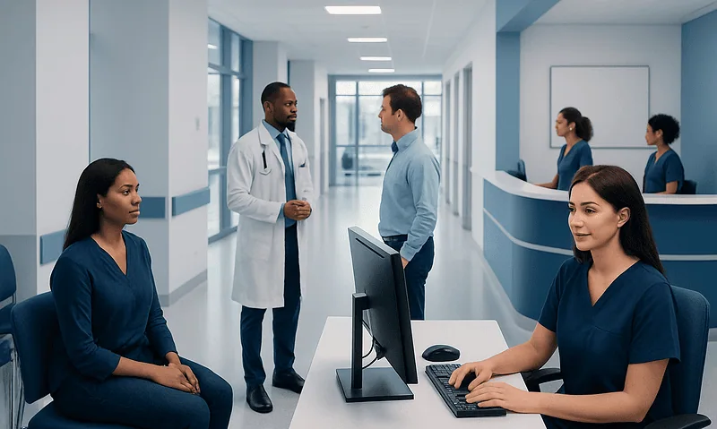 Medical staff and patients in a hospital corridor with reception desk.