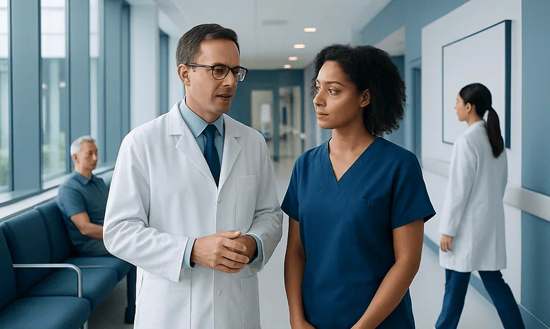 Doctors discussing patient care in a modern hospital corridor.