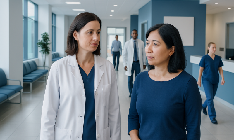 Radical Hysterectomy: Procedure, Recovery and Results 4 Medical professionals discussing patient care in hospital corridor.