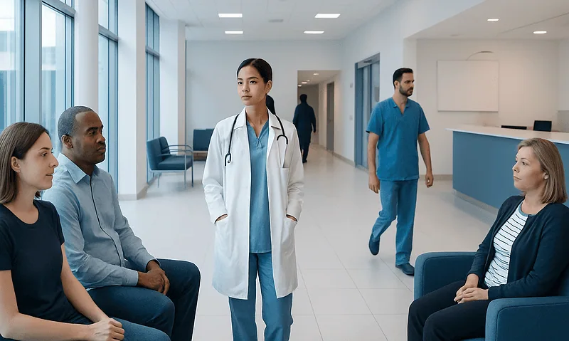 Medical consultation at Acibadem Hospitals Group with healthcare professionals and patients.