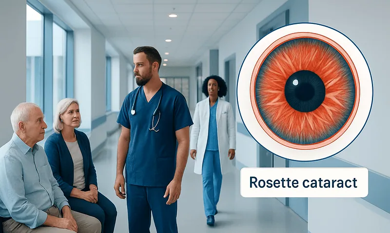 Medical consultation about Rosette cataract with eye illustration in hospital corridor.