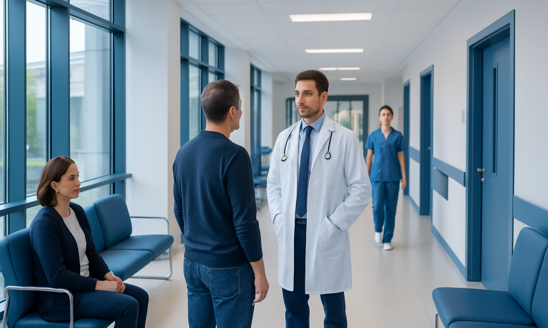 Doctor consulting with patient in hospital corridor at Acibadem Hospitals Group.