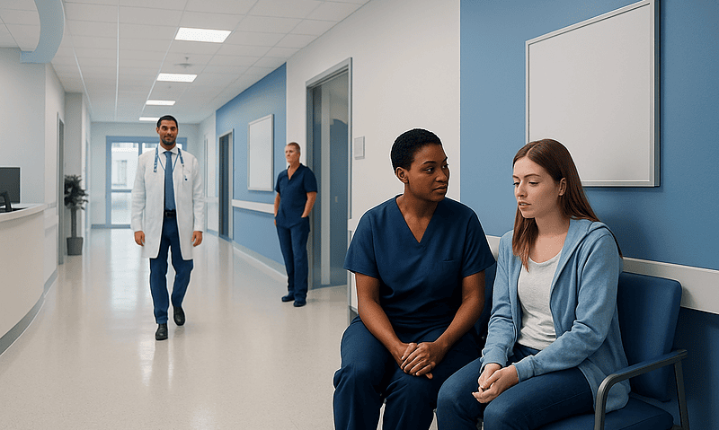 Medical professionals and patient in a hospital corridor at Acibadem Hospitals Group.