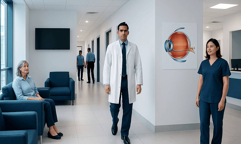 Medical professionals and patient in an eye care clinic corridor at Acibadem Hospitals Group.