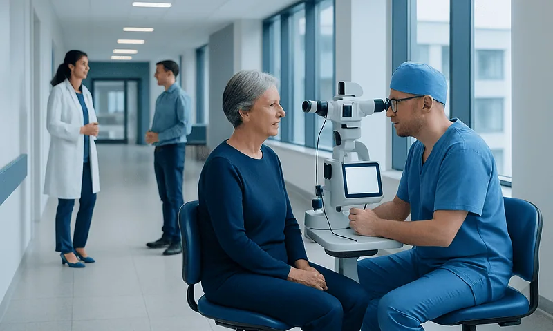Ophthalmologist examines elderly woman's eye using slit lamp in clinic.