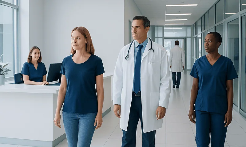 Medical team walking in hospital corridor with patients and staff.