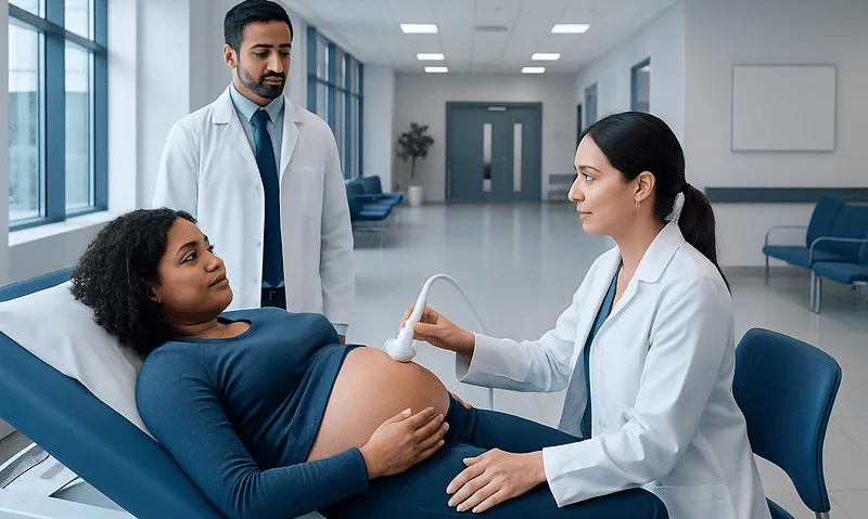Skeletal Dysplasia Ultrasound: Preparation, Procedure and Results 11 Doctor performs ultrasound on pregnant woman in hospital corridor.