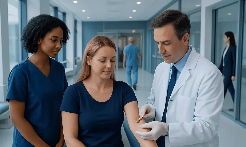 Doctor preparing to perform a skin punch biopsy on a patient in a hospital corridor.