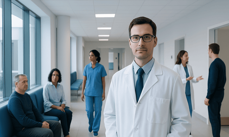 Specialist in the Study of Cells: An Evidence-Based Patient Guide 6 Medical team in hospital corridor with doctor in foreground.