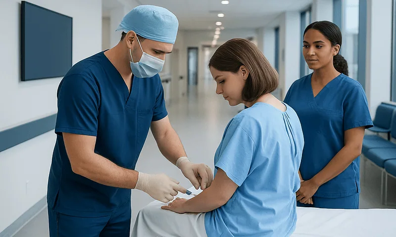 Medical team preparing a patient for spinal epidural procedure in hospital corridor.