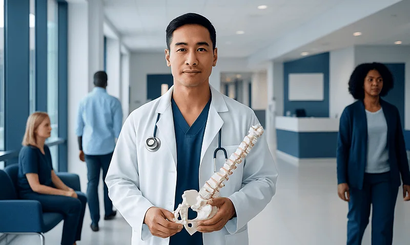Spine specialist holding a model of the human spine in a hospital corridor.