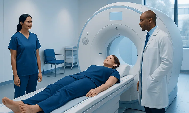 Patient undergoing MRI scan in a modern hospital setting.