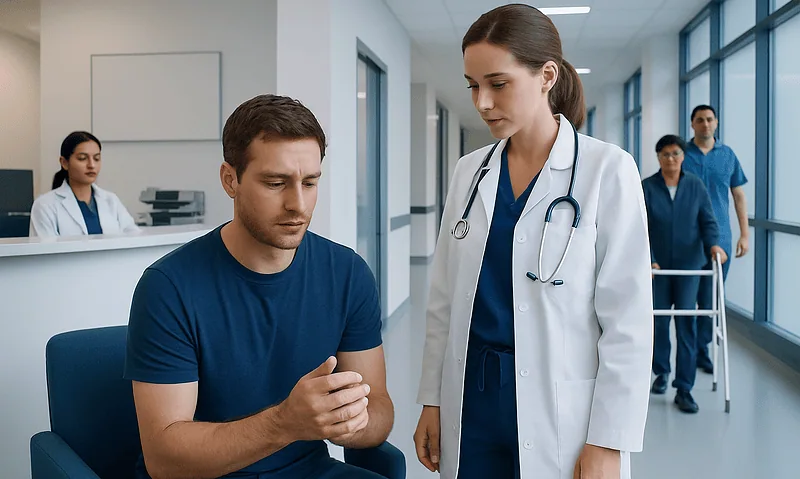 Doctor consulting a patient with a sprained finger in a hospital corridor.