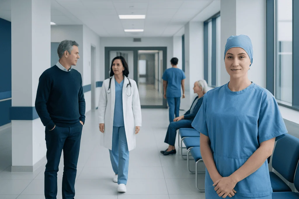 Stand Still Operation: Procedure, Recovery and Results 1 Healthcare professionals and patient in hospital corridor at Acibadem Hospitals Group.