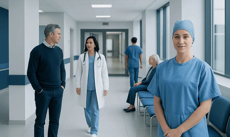 Stand Still Operation: Procedure, Recovery and Results 4 Healthcare professionals and patient in hospital corridor at Acibadem Hospitals Group.