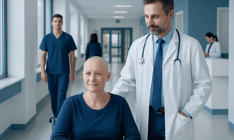 Stem Cell Translplant: An Evidence-Based Patient Guide 6 Doctor with patient in hospital corridor, healthcare professionals in background.