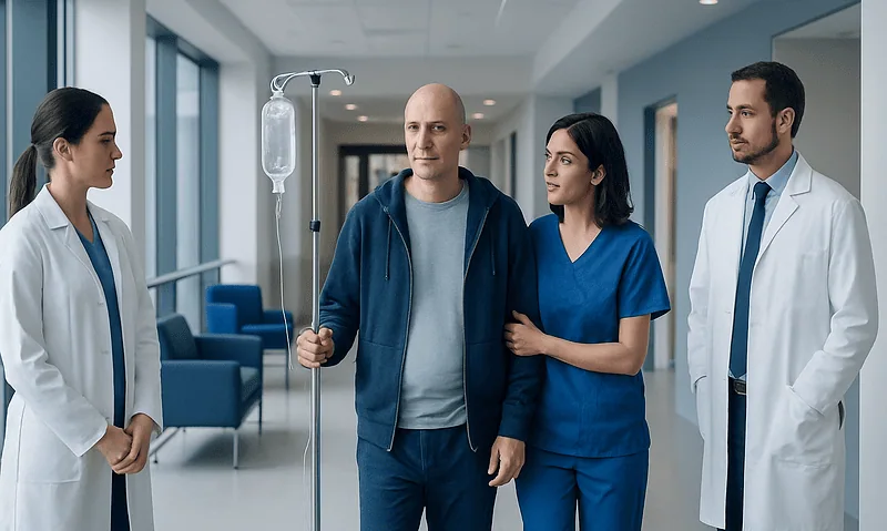 Patient with IV stand and medical team in hospital corridor.