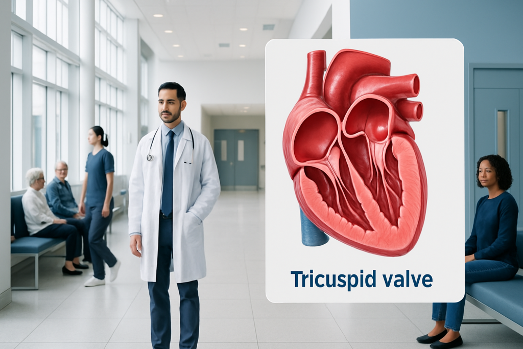 Stenotic Tricuspid Valve: An Evidence-Based Patient Guide 1 Doctor and patient in hospital with heart diagram showing tricuspid valve.