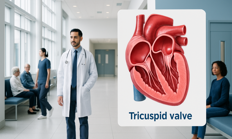 Doctor and patient in hospital with heart diagram showing tricuspid valve.