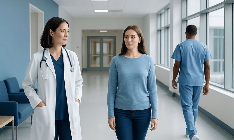 Patient walking with medical staff in hospital corridor at Acibadem Hospitals.