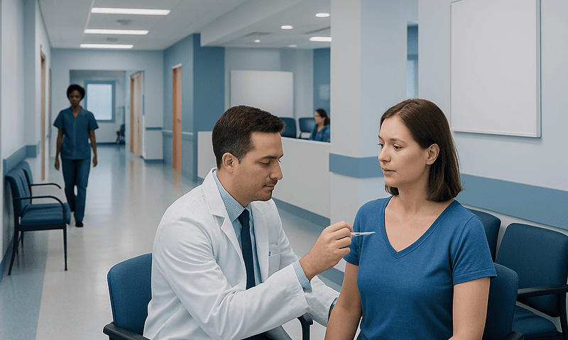 Doctor administering injection to female patient in hospital corridor.