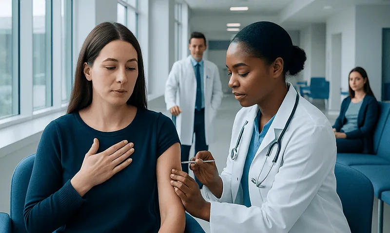 Doctor administering allergy injection to patient in hospital setting.