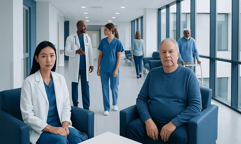 Stomach Transplant in Multivisceral Care 6 Patients and medical staff in a hospital corridor, waiting area with large windows.