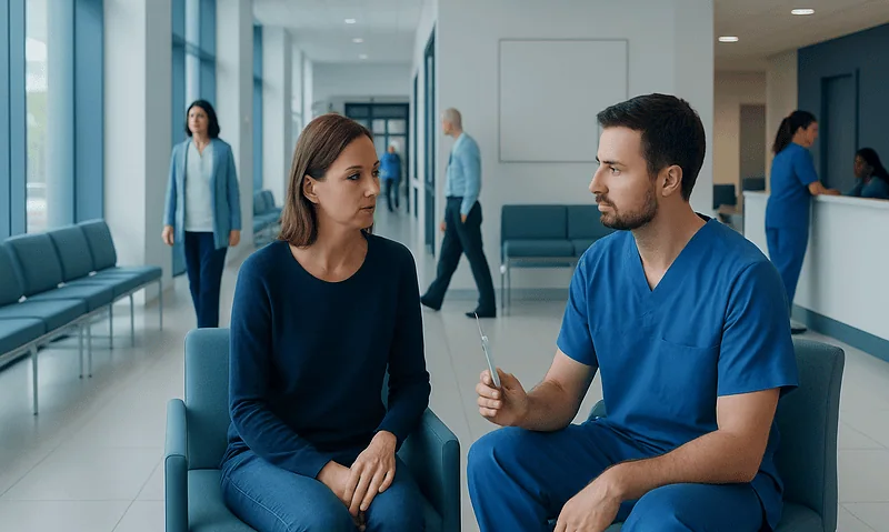 Patient consulting with a healthcare professional in a hospital corridor.
