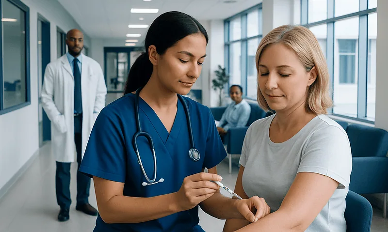 Nurse administering a subcutaneous injection to a patient in a hospital corridor.