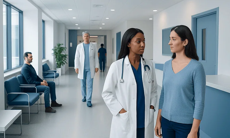 Medical professionals consulting in a hospital corridor.