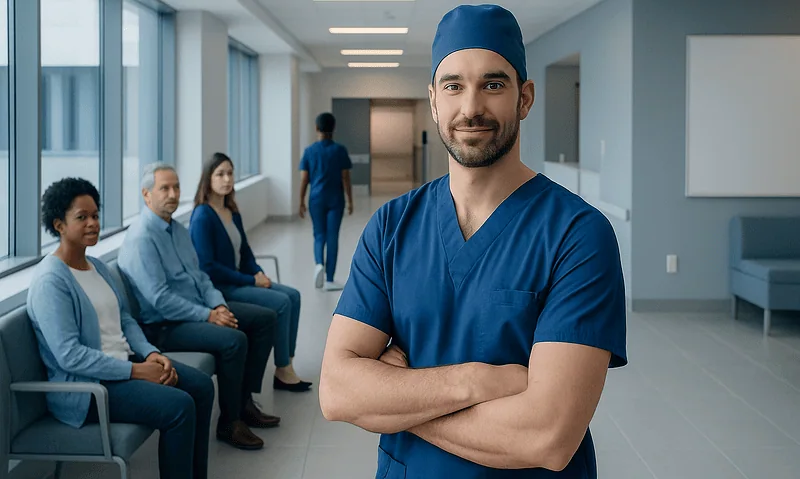 Surgeon in blue scrubs smiling in hospital corridor with patients seated nearby.