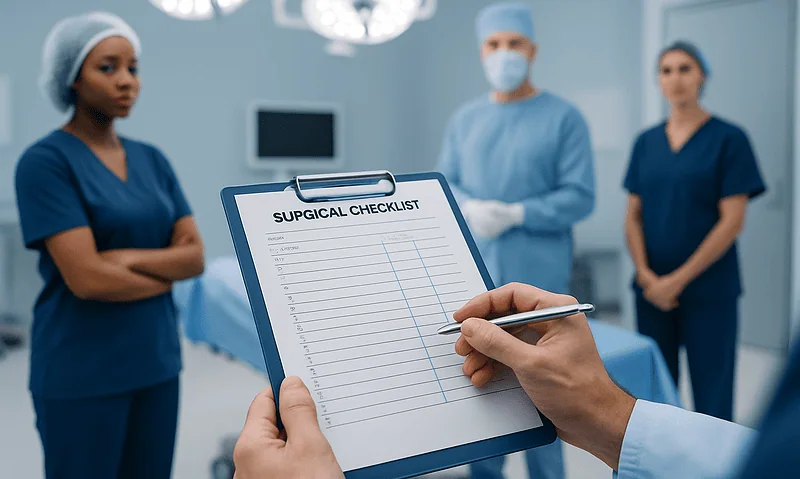 Medical team preparing surgical safety checklist in operating room.